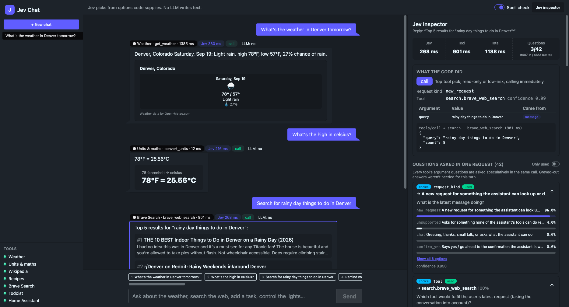Jev Chat — 选择工具与参数，由代码执行并显示结构化结果卡片。