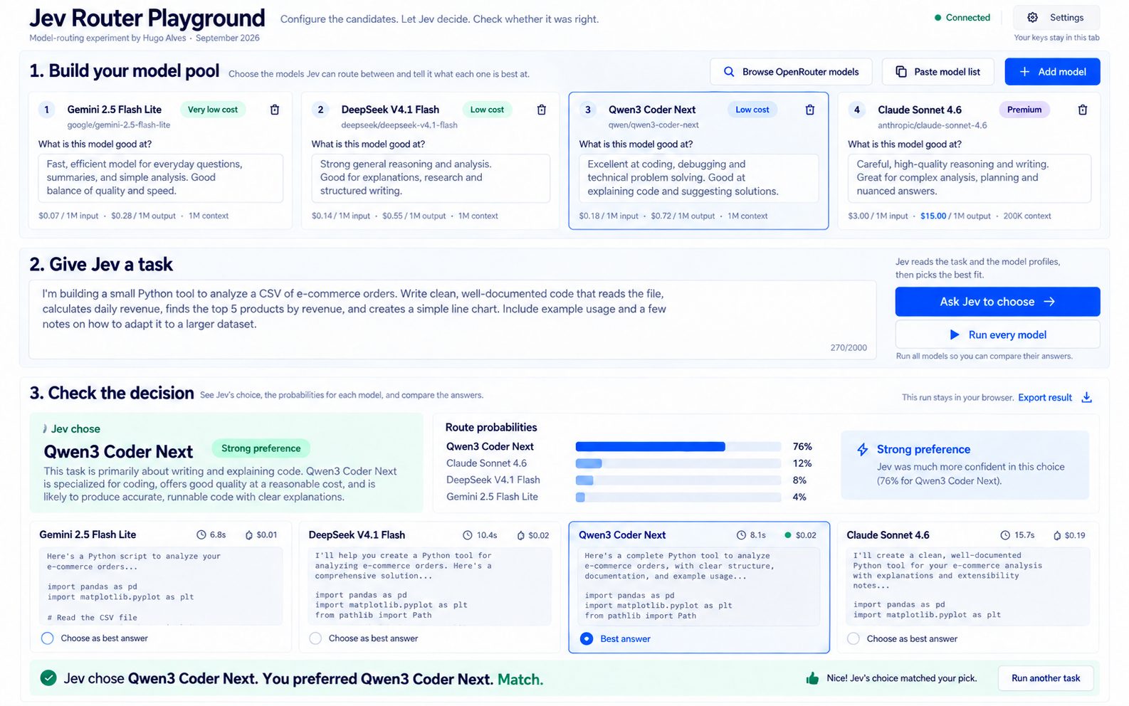 jev-router-playground — 根据任务与候选模型说明选择模型，显示概率及运行记录。
