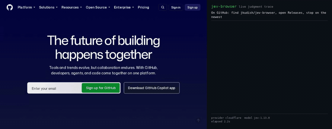 jev-browser — 从 DOM 控件选择点击、输入、选择或滚动，并判断目标是否完成、流程是否卡住。