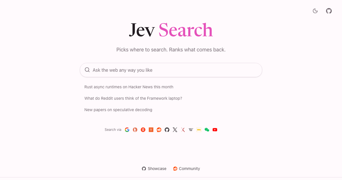 Jev Search — 选择搜索来源、时间范围与查询词，并对检索结果排序。