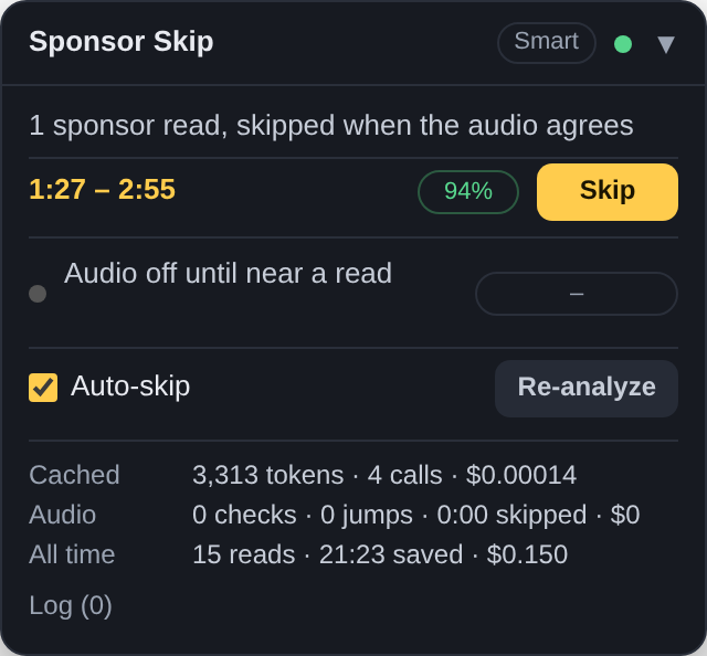 Sponsor Skip — 从字幕中定位赞助口播片段，由代码处理播放跳转。