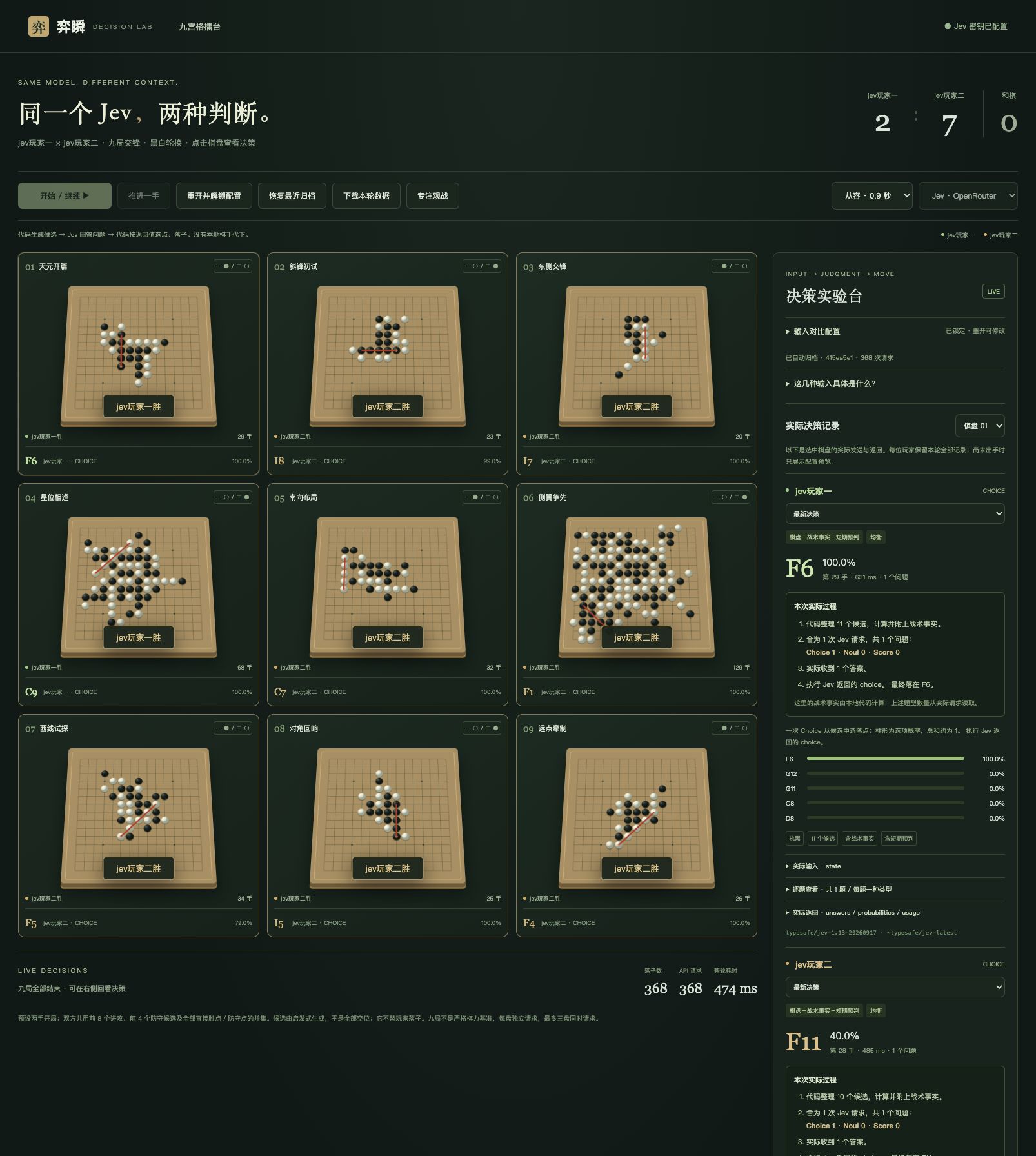 jev-gomoku — 从本地规则生成的候选落点中做 Choice 判断，对比棋盘、战术事实等不同输入。
